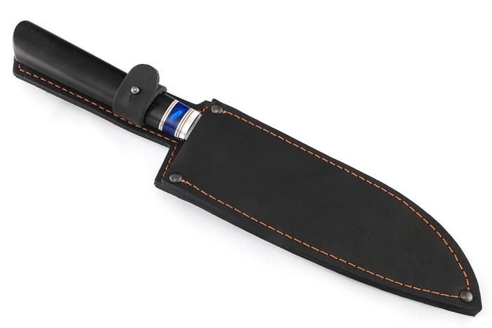 Кухонный нож Сантоку большой кованая сталь 95x18 рукоять вставка акрил синий, черный граб