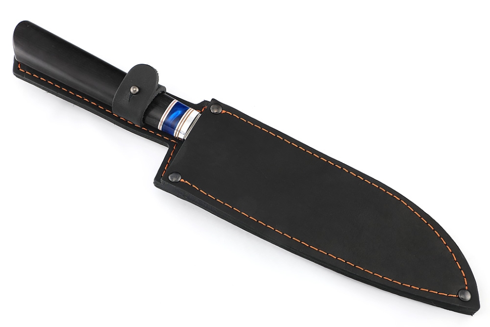 Кухонный нож Сантоку большой кованая сталь 95x18 рукоять вставка акрил синий, черный граб