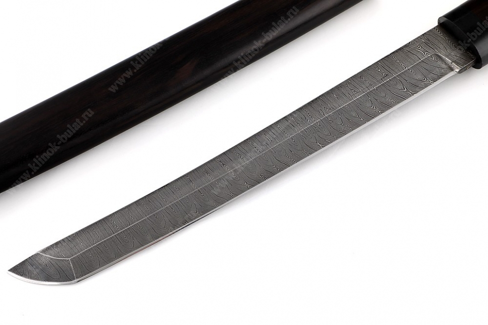 Нож Самурай большой (дамаск, черный граб) деревянные ножны