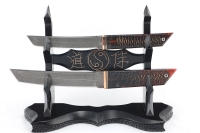 Комплект из 2 ножей Самурай дамаск рукоять шишка в акриле красная на подставке "Инь и ян"