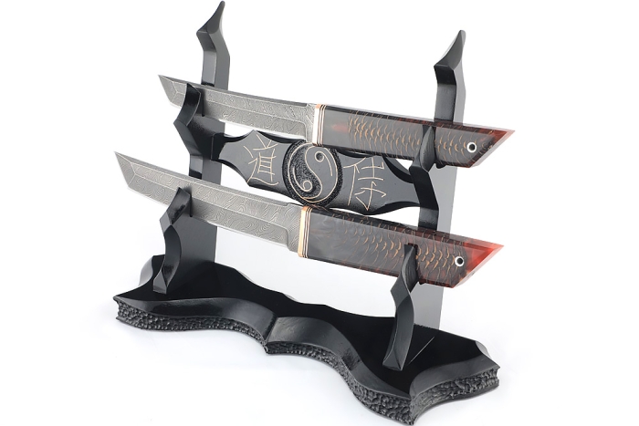 Комплект из 2 ножей Самурай дамаск рукоять шишка в акриле красная на подставке "Инь и ян"