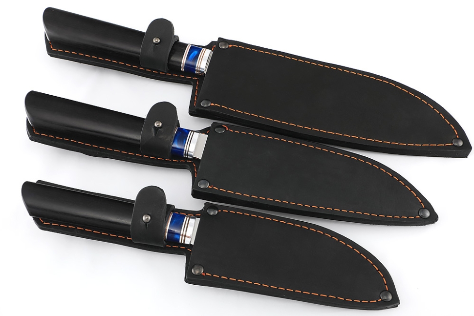 Комплект из 3-х кухонный ножей Сантоку кованая сталь 95х18 рукоять вставка акрил синий, черный граб
