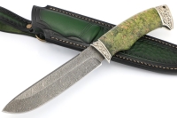 Нож Скат (дамаск, мельхиор, карельская берёза зеленая) формованные ножны