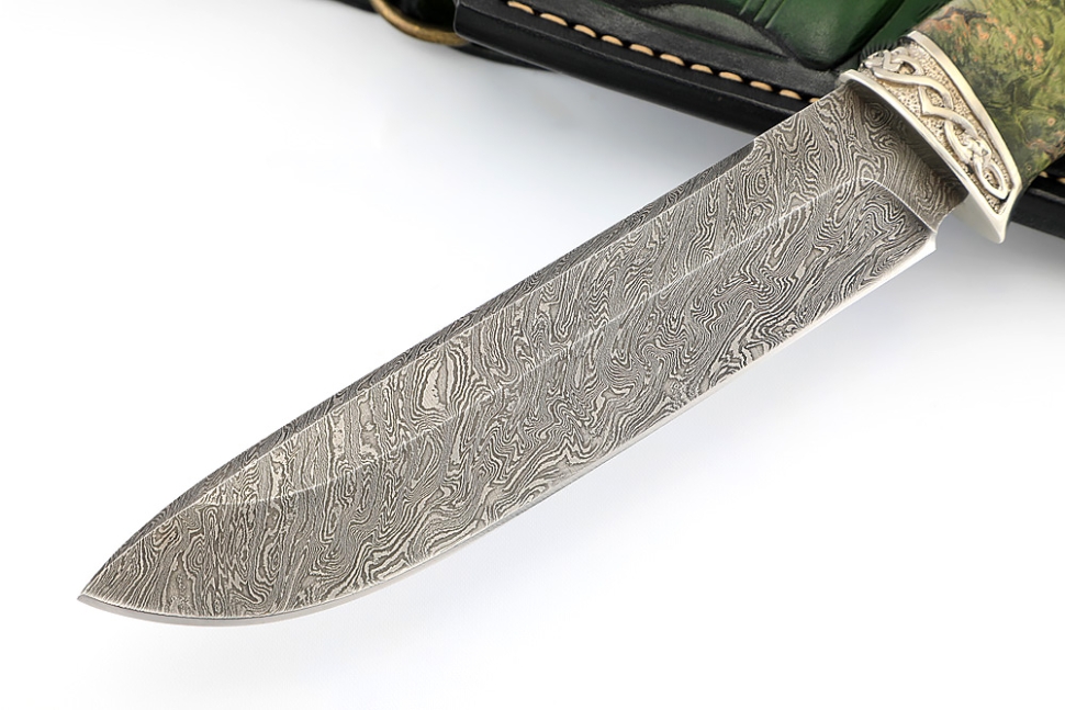Нож Скат (дамаск, мельхиор, карельская берёза зеленая) формованные ножны