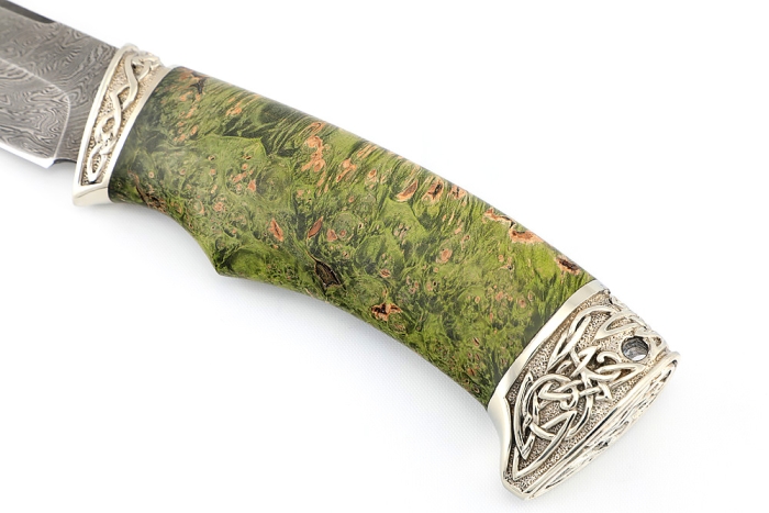 Нож Скат (дамаск, мельхиор, карельская берёза зеленая) формованные ножны