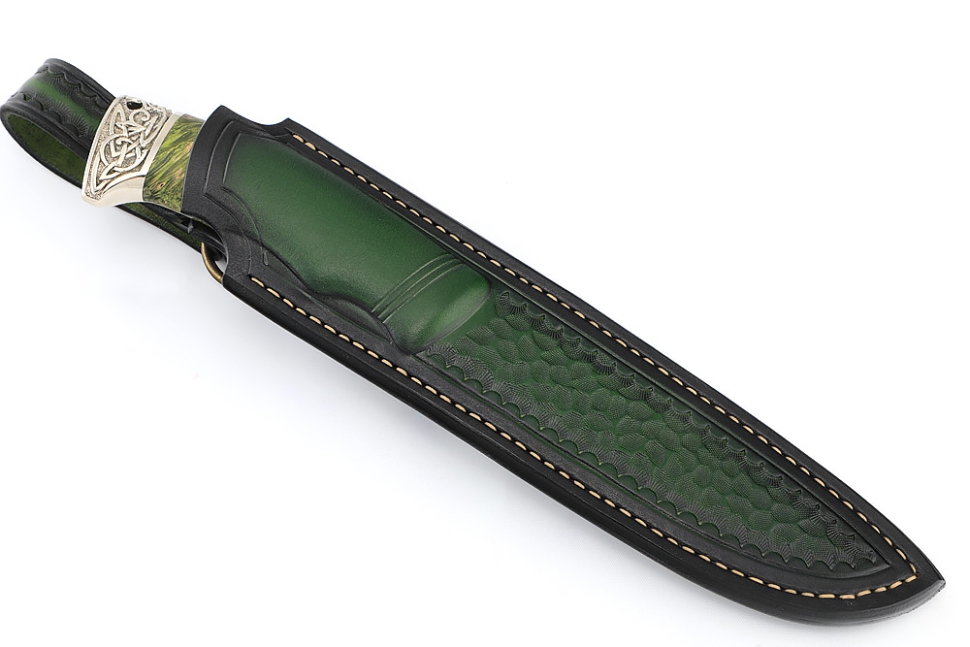 Нож Скат (дамаск, мельхиор, карельская берёза зеленая) формованные ножны
