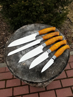 Комплект из 5-ти кухонный ножей сталь AUS8 рукоять вставка акрил белый, стабилизированная карельская берёза жёлтая