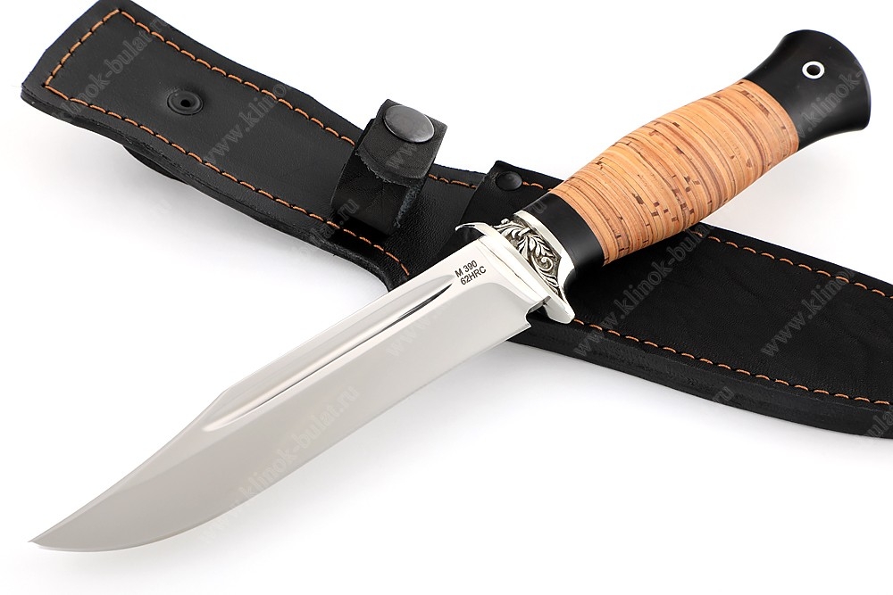 Нож Атака (порошковая сталь М390, береста, гарда мельхиор) - купить нож, фото, цена, доставка.