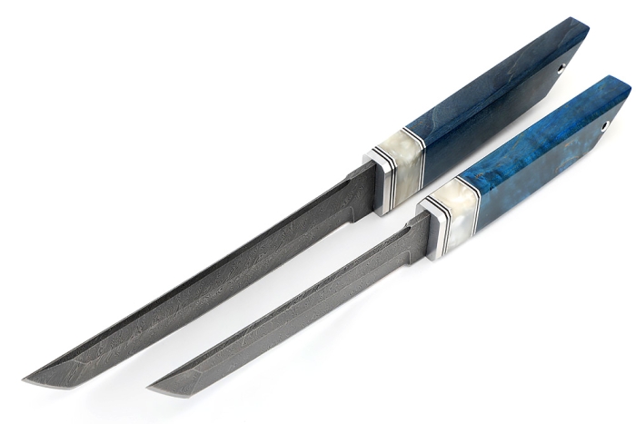 Комплект из 2 ножей Самурай дамаск рукоять вставка акрил белый, карельская береза синяя, формованные ножны (спарка)