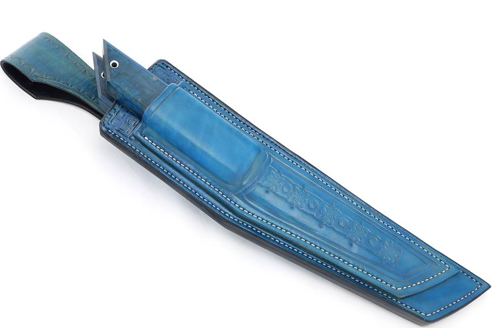 Комплект из 2 ножей Самурай дамаск рукоять вставка акрил белый, карельская береза синяя, формованные ножны (спарка)