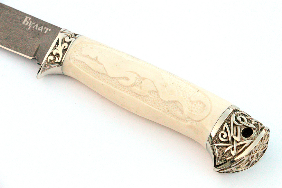 Нож Пантера (булат, рог лося-мельхиор), резьба ручной работы