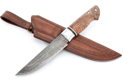 Нож Стрела (ламинат - 9ХС и дамаск с никелем, коричневая стабилизированная карельская берёза с инкрустацией) формованные ножны