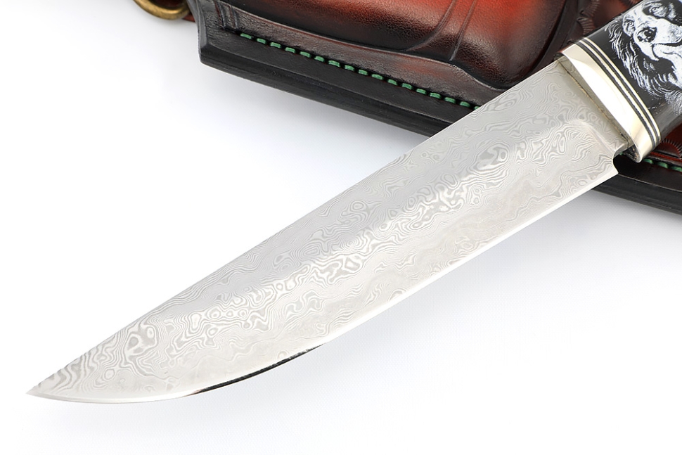 Нож Стрела дамаск нержавеющий, рог буйвола (скримшоу) кап клена коричневый, формованные ножны