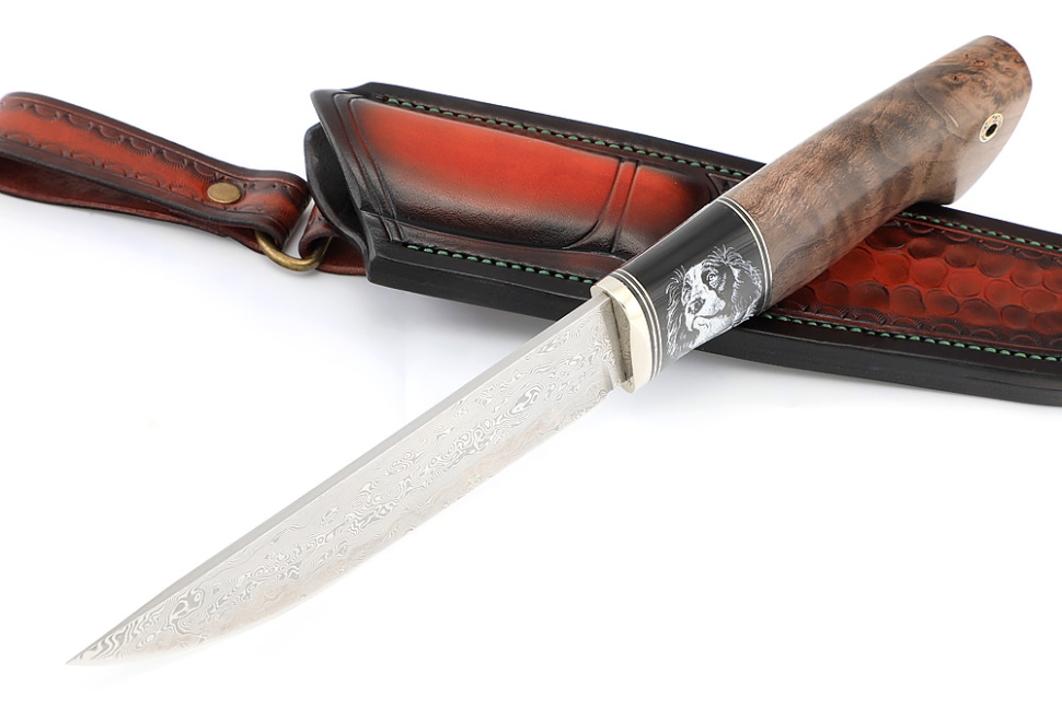 Нож Стрела дамаск нержавеющий, рог буйвола (скримшоу) кап клена коричневый, формованные ножны