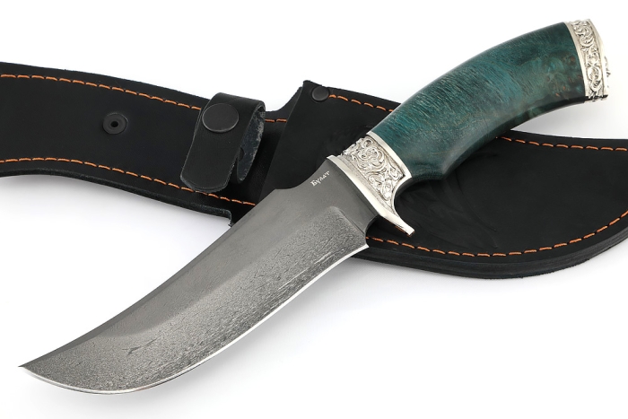 Нож Легион (булат, стабилизированный кап клена бирюзовый, мельхиор)