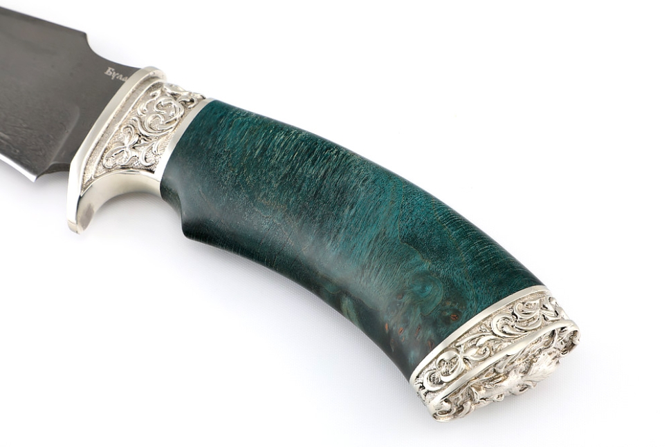 Нож Легион (булат, стабилизированный кап клена бирюзовый, мельхиор)