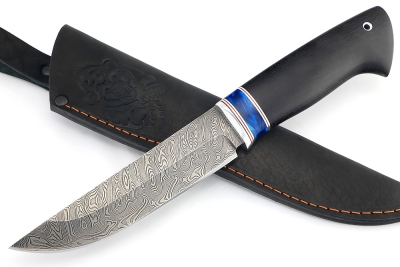 Нож Стрела (дамаск, вставка акрил синий, чёрный граб)
