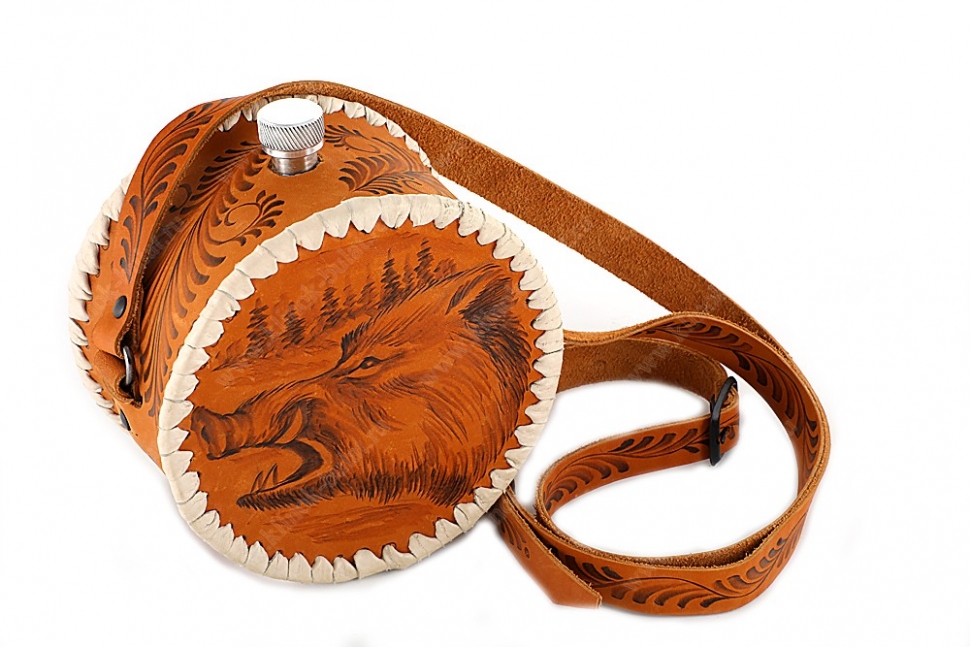 Фляжка круглая 1 литр из нержавеющей стали в чехле из рыжей кожи (выжигание на коже)