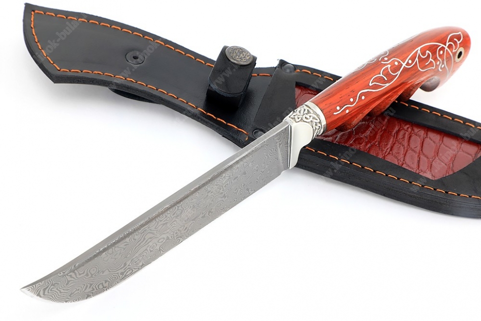 Нож Узбек-2 (нержавеющий дамаск, падук, резная рукоять, инкрустация) резная рукоять, мозаичная втулка под темляк