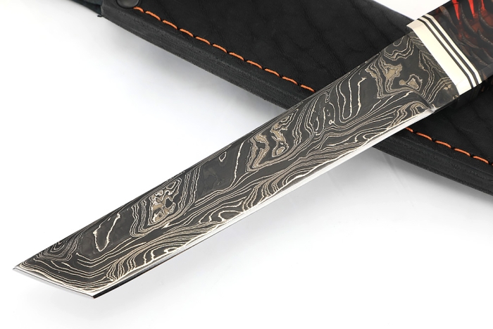 Нож Самурай малый (9ХС ламинированная дамаск с никелем, рукоять комбинированная шишка в акриле+кап клена)