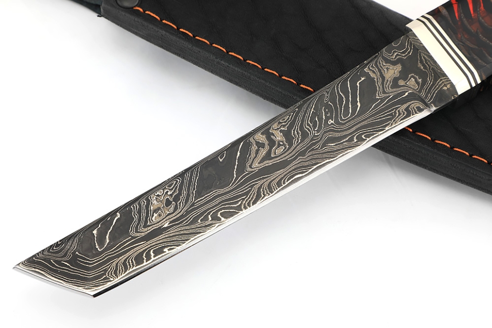 Нож Самурай малый (9ХС ламинированная дамаск с никелем, рукоять комбинированная шишка в акриле+кап клена)