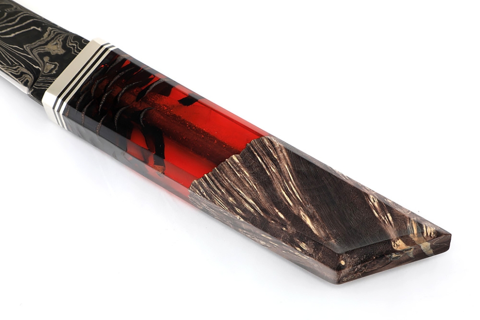 Нож Самурай малый (9ХС ламинированная дамаск с никелем, рукоять комбинированная шишка в акриле+кап клена)