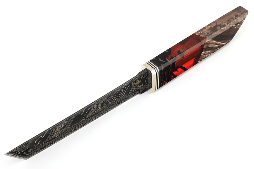Нож Самурай малый (9ХС ламинированная дамаск с никелем, рукоять комбинированная шишка в акриле+кап клена)