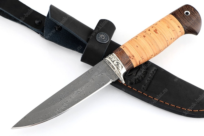 Нож Пантера (нержавеющий дамаск, береста, гарда мельхиор)