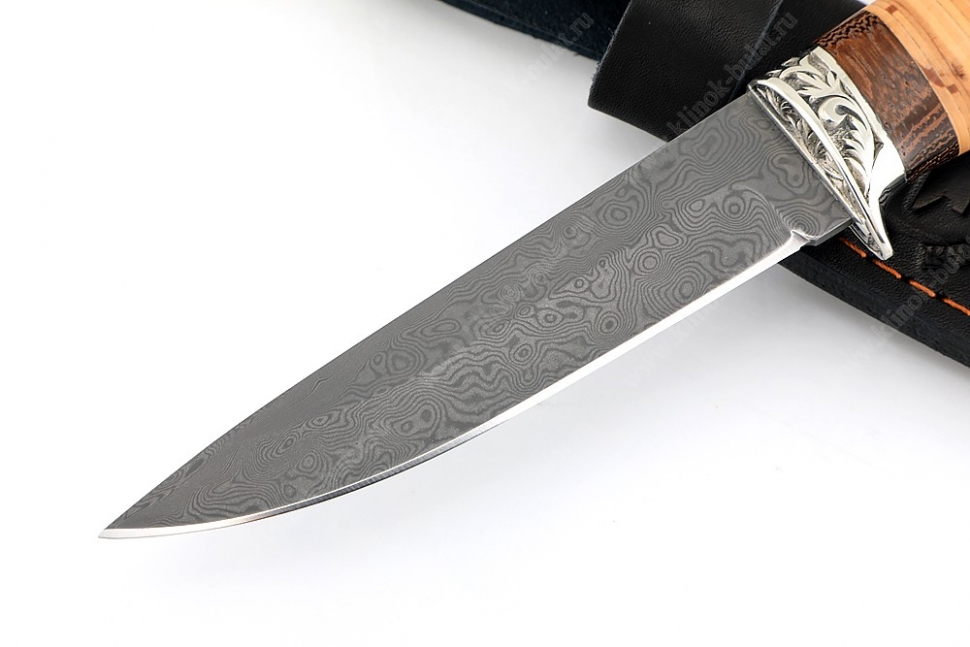Нож Пантера (нержавеющий дамаск, береста, гарда мельхиор)