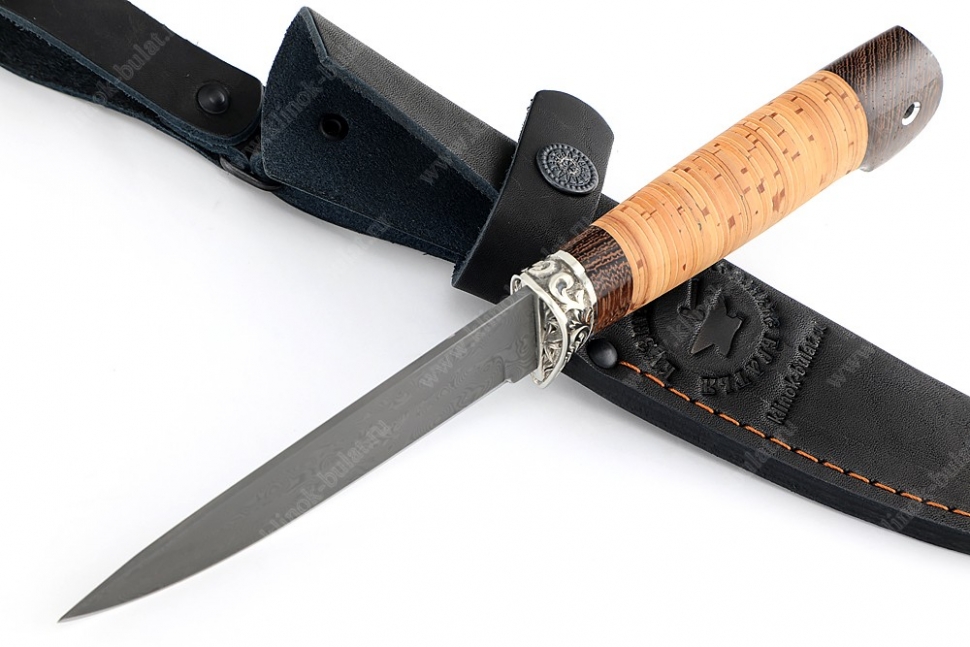 Нож Пантера (нержавеющий дамаск, береста, гарда мельхиор)