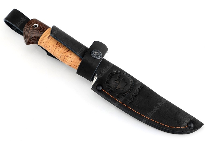 Нож Пантера (нержавеющий дамаск, береста, гарда мельхиор)