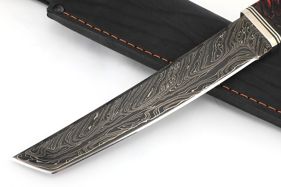Нож Самурай (9ХС ламинированная дамаск с никелем, рукоять комбинированная шишка в акриле+кап клена)