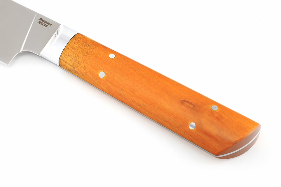Кухонный нож Сантоку малый кованая сталь 95x18 рукоять карельская береза янтарная цельнометаллический