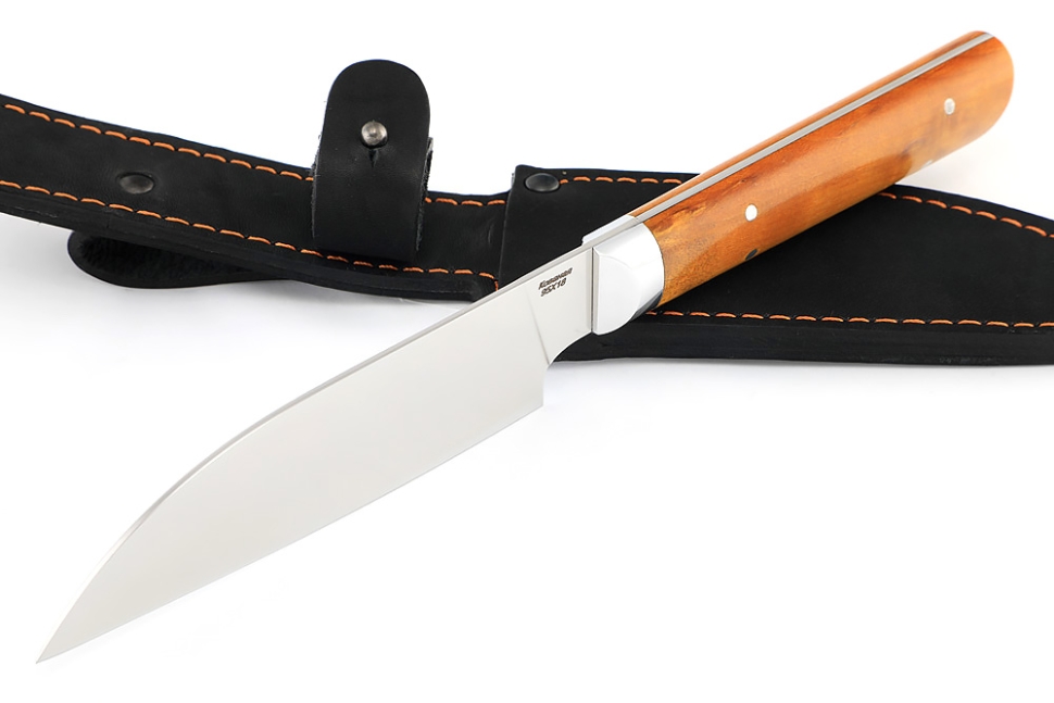 Кухонный нож Сантоку малый кованая сталь 95x18 рукоять карельская береза янтарная цельнометаллический