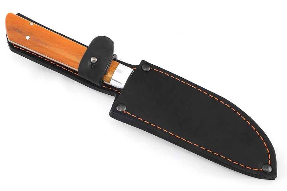 Кухонный нож Сантоку малый кованая сталь 95x18 рукоять карельская береза янтарная цельнометаллический