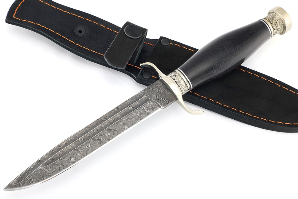 Нож Классика (дамаск-долы, чёрный граб - мельхиор)