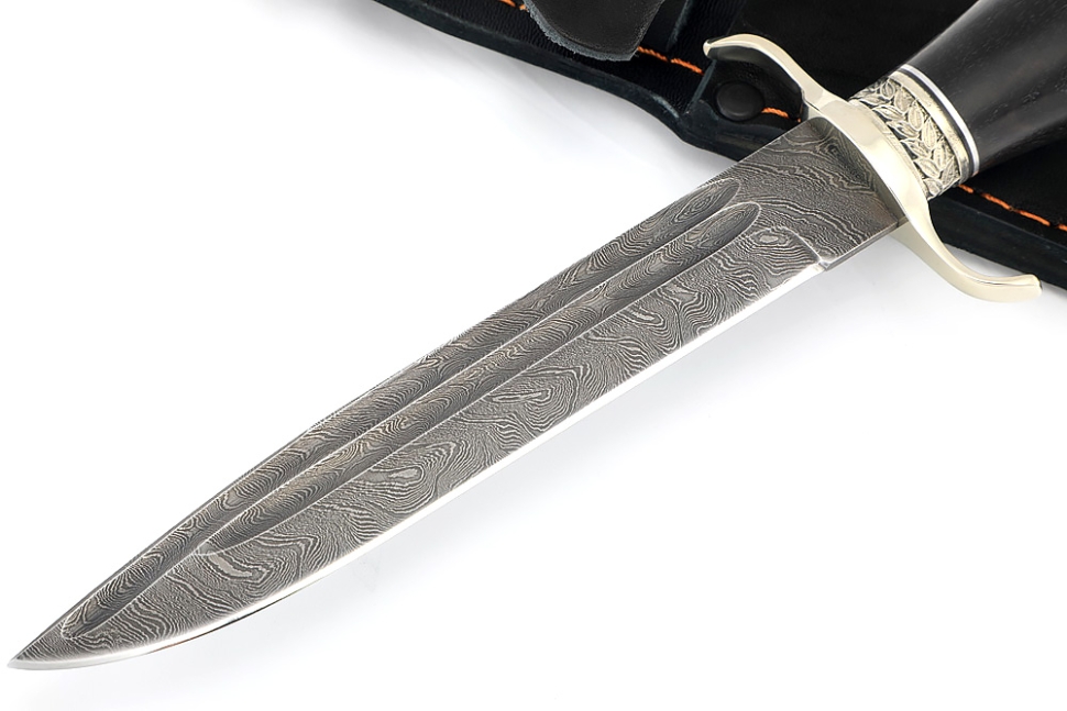 Нож Классика (дамаск-долы, чёрный граб - мельхиор)