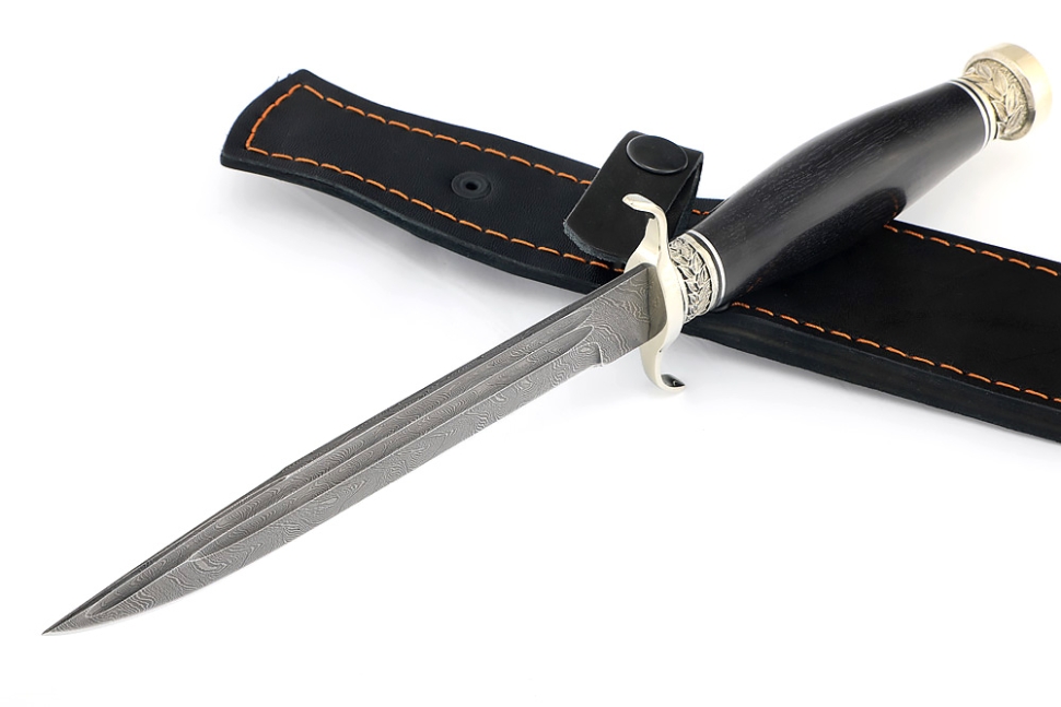 Нож Классика (дамаск-долы, чёрный граб - мельхиор)