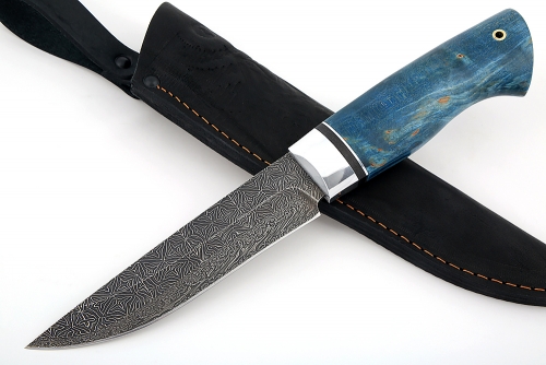 Нож Стрела (мозаичный дамаск с никелем, синяя стабилизированная карельская берёза) 