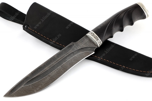 Нож Викинг (дамаск-долы, чёрный граб - мельхиор со змеёй) резная рукоять