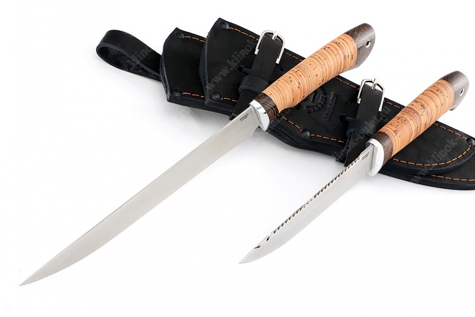 Рыболовная спарка - нож Филейный средний и нож Судак большой (х12МФ stone wash, береста)