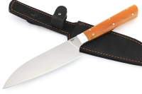 Кухонный нож Сантоку средний кованая сталь 95x18 рукоять карельская береза янтарная цельнометаллический