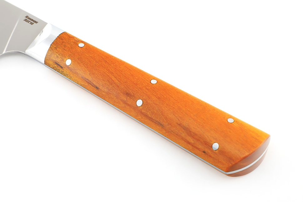 Кухонный нож Сантоку средний кованая сталь 95x18 рукоять карельская береза янтарная цельнометаллический