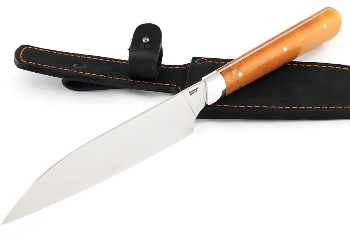 Кухонный нож Сантоку средний кованая сталь 95x18 рукоять карельская береза янтарная цельнометаллический