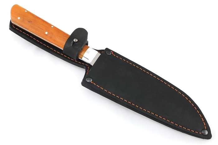 Кухонный нож Сантоку средний кованая сталь 95x18 рукоять карельская береза янтарная цельнометаллический