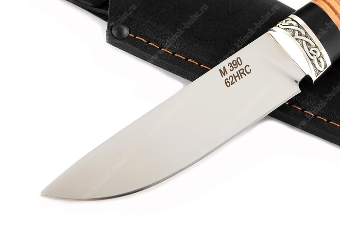 Нож Рысь (порошковая сталь M390, береста, гарда мельхиор)
