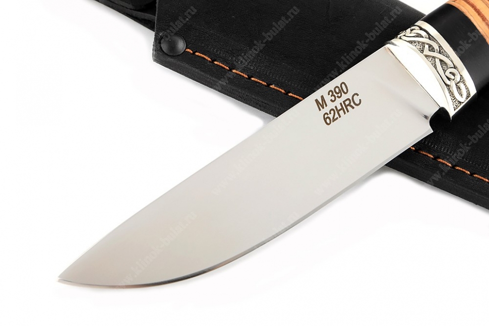 Нож Рысь (порошковая сталь M390, береста, гарда мельхиор)