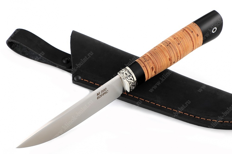 Нож Рысь (порошковая сталь M390, береста, гарда мельхиор)