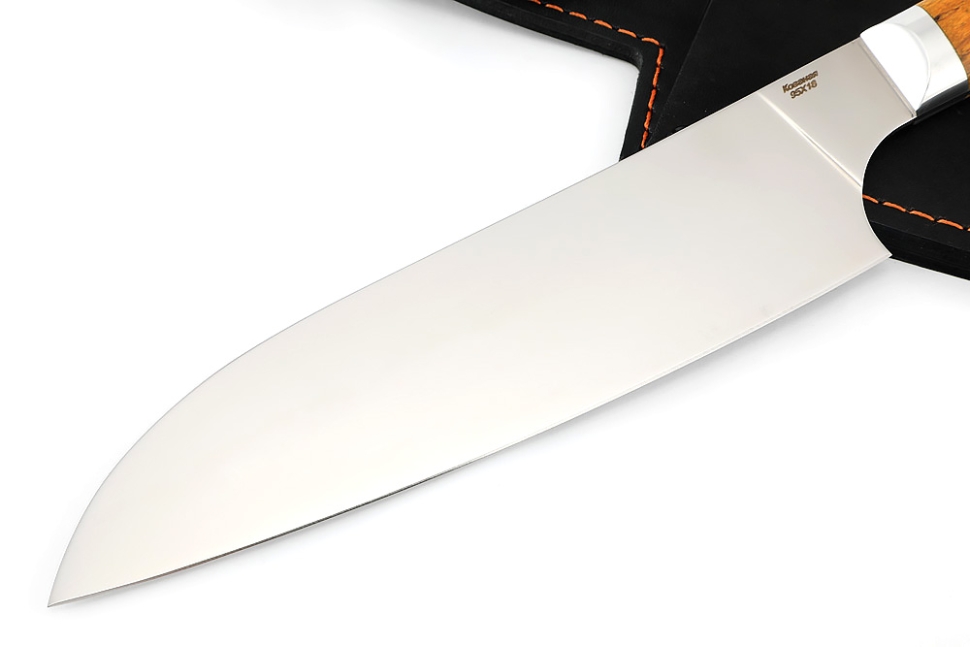 Кухонный нож Сантоку большой кованая сталь 95x18 рукоять карельская береза янтарная цельнометаллический