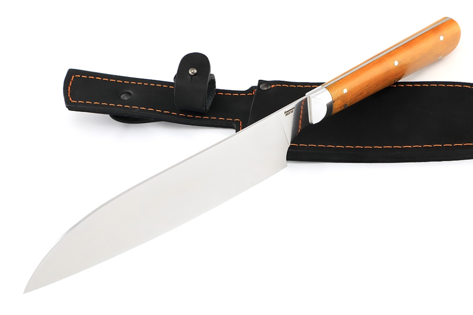 Кухонный нож Сантоку большой кованая сталь 95x18 рукоять карельская береза янтарная цельнометаллический